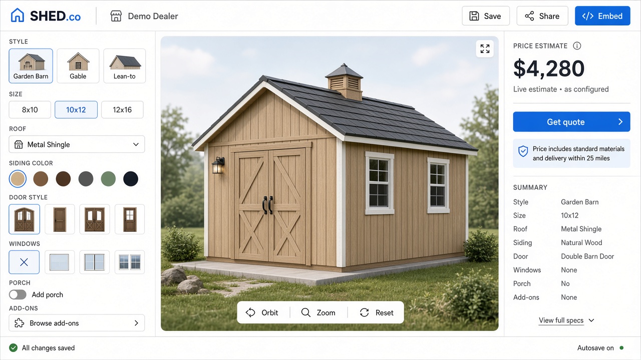 SHED.co 3D shed configurator showing a garden barn with live options and pricing